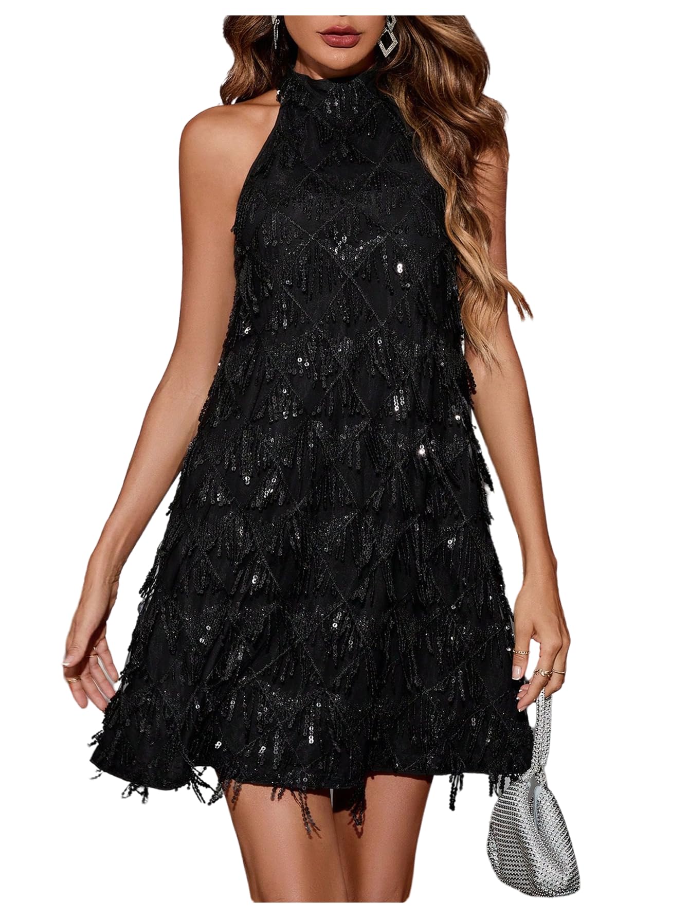 OYOANGLE Women Sequin Sparkly Cocktail Club Party Summer Halter Mini Dress