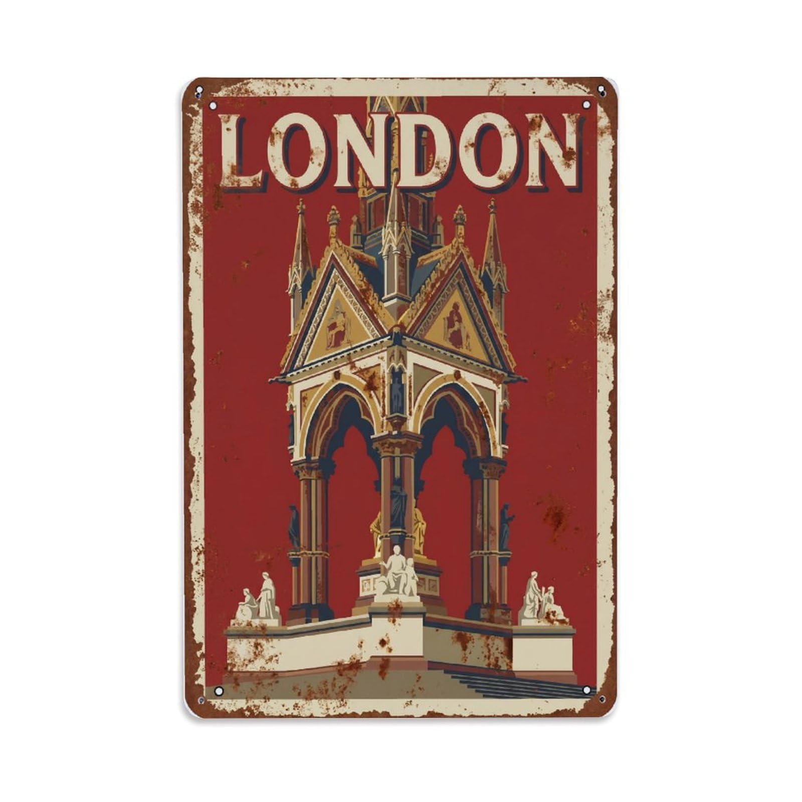 Vintage Travel London Albert Memorial Gothic Monument Rusted England Metal Tin Sign Plaque Wall Decor for Cafe, Club Bar, Office, Home Garden Metal Poster 8x12Inch