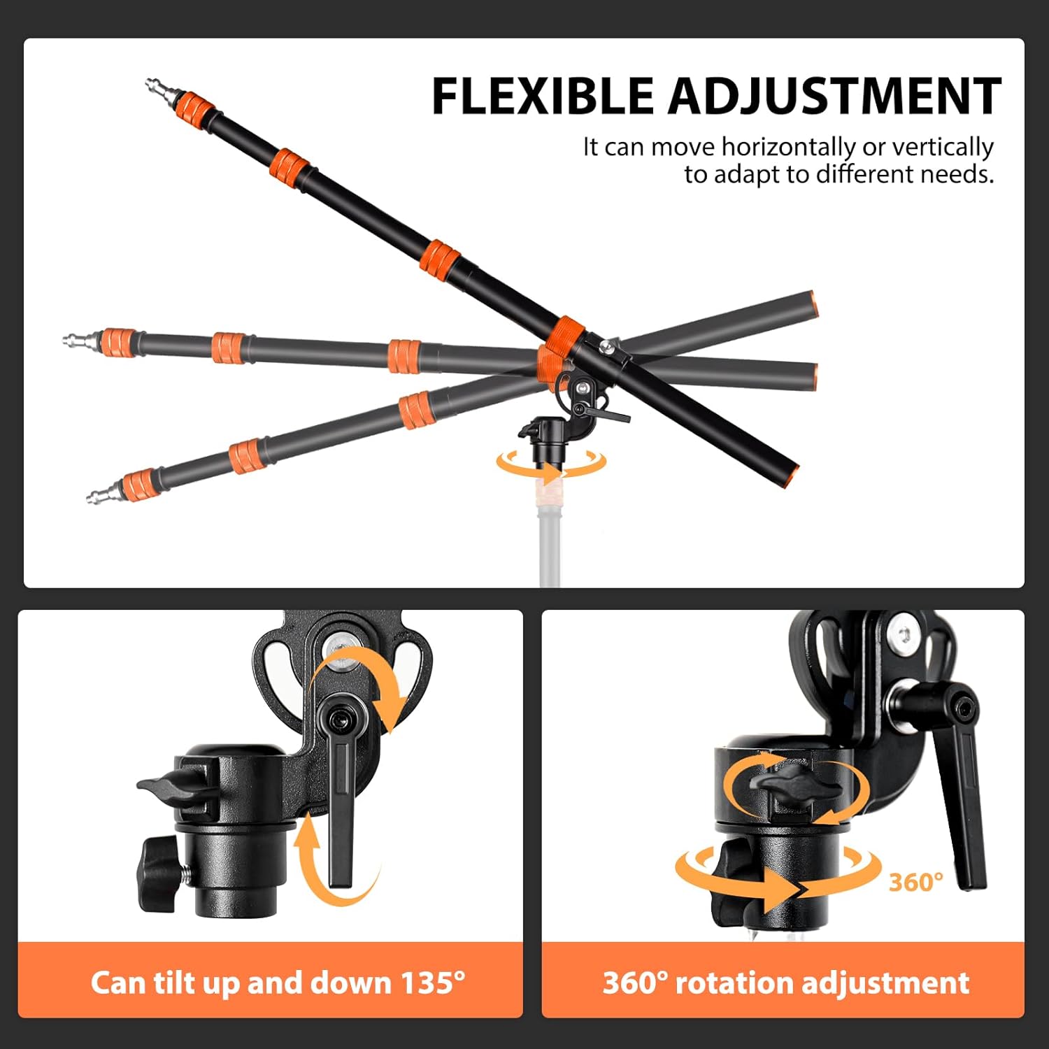 Extension Boom Arm for Light Stand & C Stand, 21.2" to 64" Adjustable Telescoping Crossbar with 3/8" to 1/4" Screw & Sandbag, Aluminum Tripod Boom Arm for Softbox, Strobe, Ring Light & Video Lighting