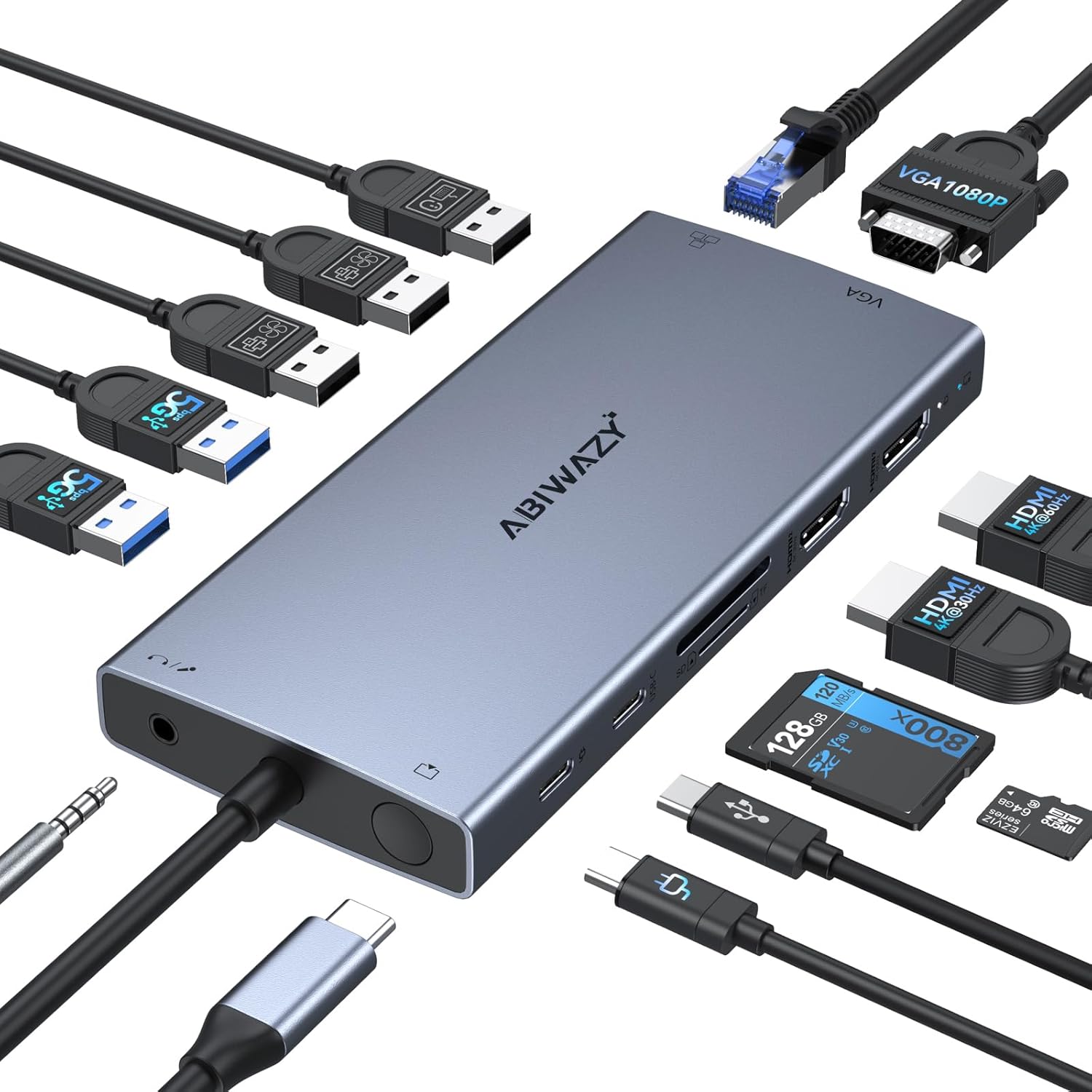 USB C Docking Station Dual Monitor for Dell/HP/Lenovo/Surface Laptop, 15 in 1 Triple Display Multiport Adapter Hub, USBC Dock Dongle with 2 HDMI+VGA+6 USB C/A+Button+100W PD+Ethernet+SD/TF+Audio