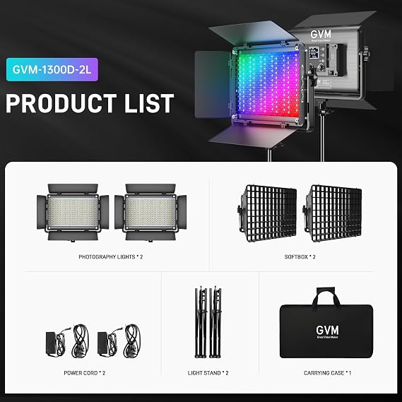GVM 1300D RGB Video Light with Softbox, 65W LED Video Lighting Kit, 25000lux/0.5m, 360 Full Color Photography Lighting Kit, 2 Packs Led Panel Light for YouTube, Web Conference, Streaming
