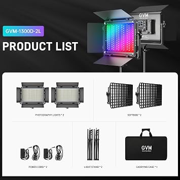 GVM 1300D RGB Video Light with Softbox, 65W LED Video Lighting Kit, 25000lux/0.5m, 360 Full Color Photography Lighting Kit, 2 Packs Led Panel Light for YouTube, Web Conference, Streaming
