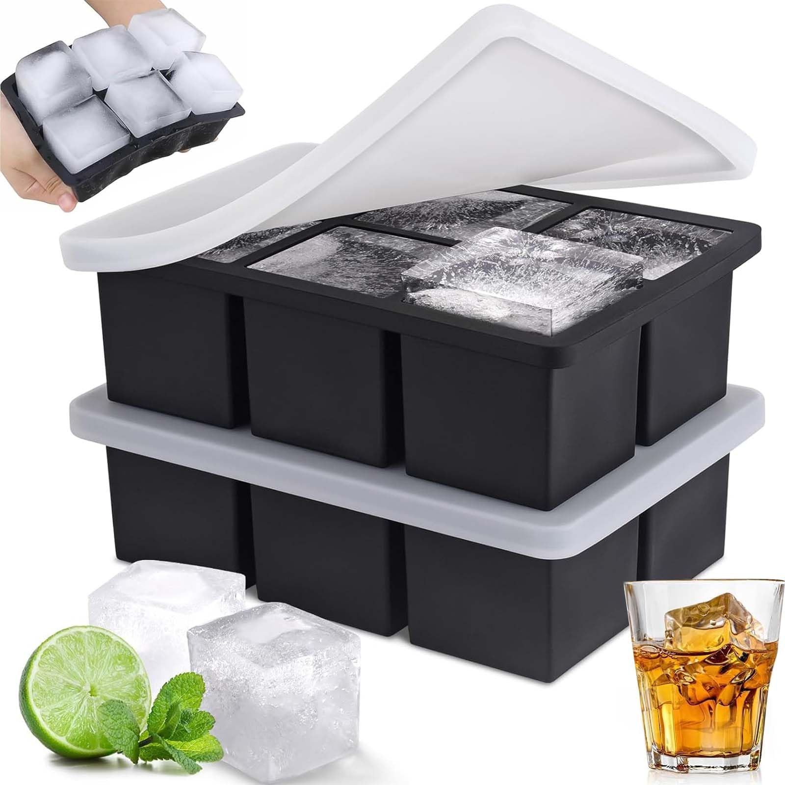 Large Ice Cube Moulds with Lid (2 Pack) - 5cm/2" Square Silicone Ice Cube Trays, BPA Free & Easy Release, Ice Maker Tray for Freezer Whiskey Cocktail Coffee(Black)