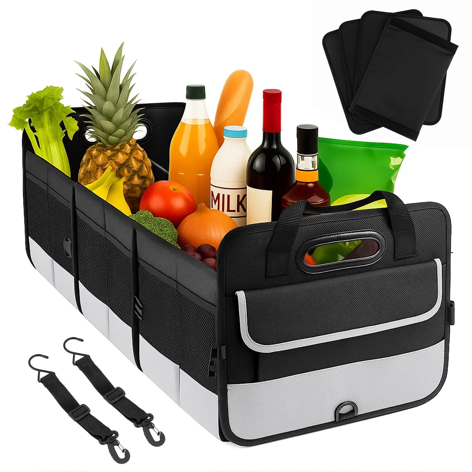 SUNNYNEST Car Boot Oganiser Universal Big Capacity Car Storage Box,with Divided Compartments,Fixed Big Trunk Organizer with Handles & Adjustable Straps, for SUV, Sedan, Truck (Black)