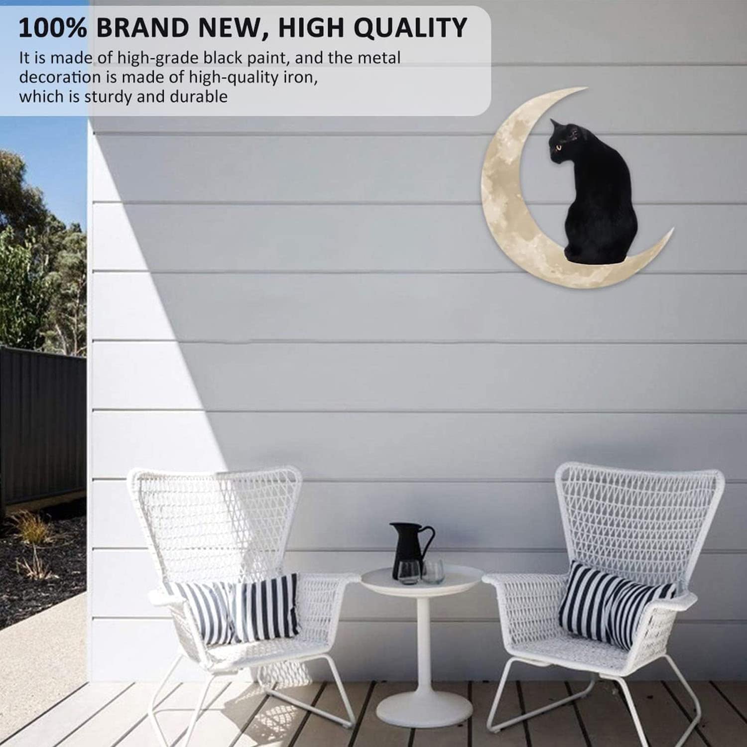 CREATCABIN Décoration Murale Métal Chat Noir,Lune,Décoration Murale Fer,Sculpture Rose Creuse Noire Suspendre, Rustique Métal pour Amoureux Chats,Intérieur, Extérieur,Salon,30x30cm