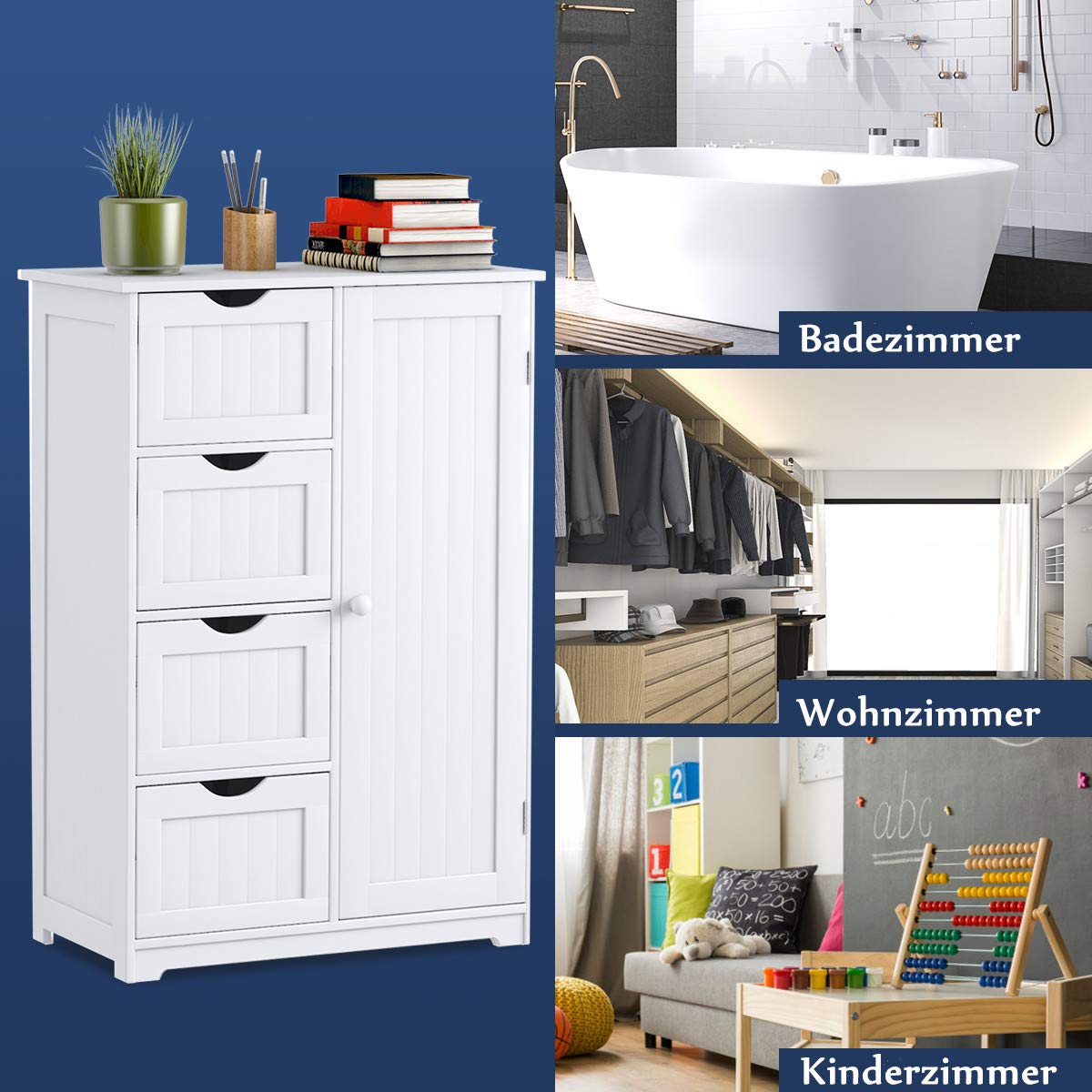 RELAX4LIFE Badezimmerschrank, Beistellschrank, Kommode mit 4 Schubladen, Lagerschrank Holz, Sideboard mit verstellbare Ablagen, Mehrzweckschrank für Bad & Zimmer & Flur, weiß