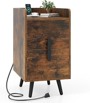 KOMFOTT Nightstand with Charging Station, Deluxe Bed Side Table with 2 Storage Drawers, Modern Narrow End Table with Power Outlets & USB Ports for Living Room Bedroom 1, Rustic Brown
