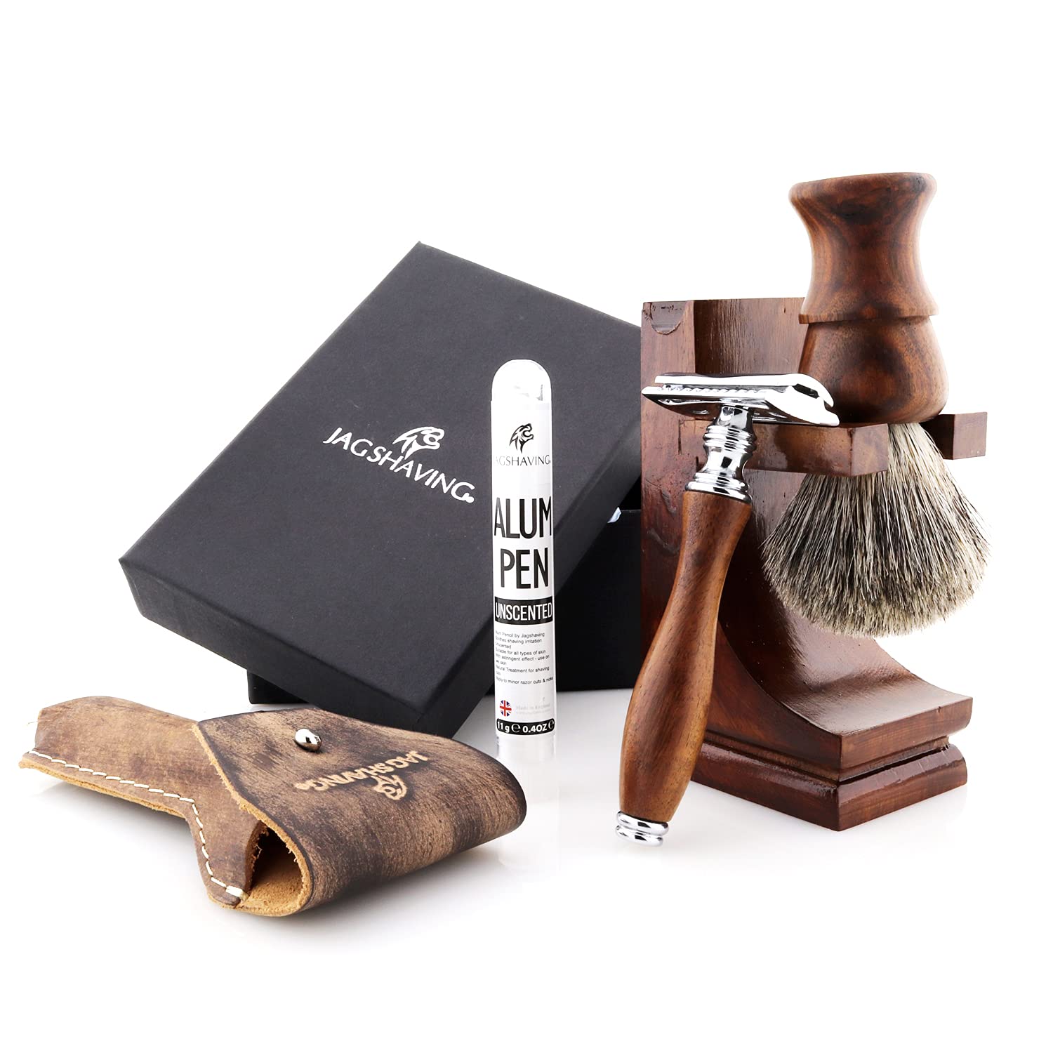 Jag Shaving - Juego de afeitado de madera sostenible de 4 piezas - Brocha de afeitar de pelo de tejón - Cuchillas de afeitar de doble filo - Soporte, bolsa, barra de alumbre
