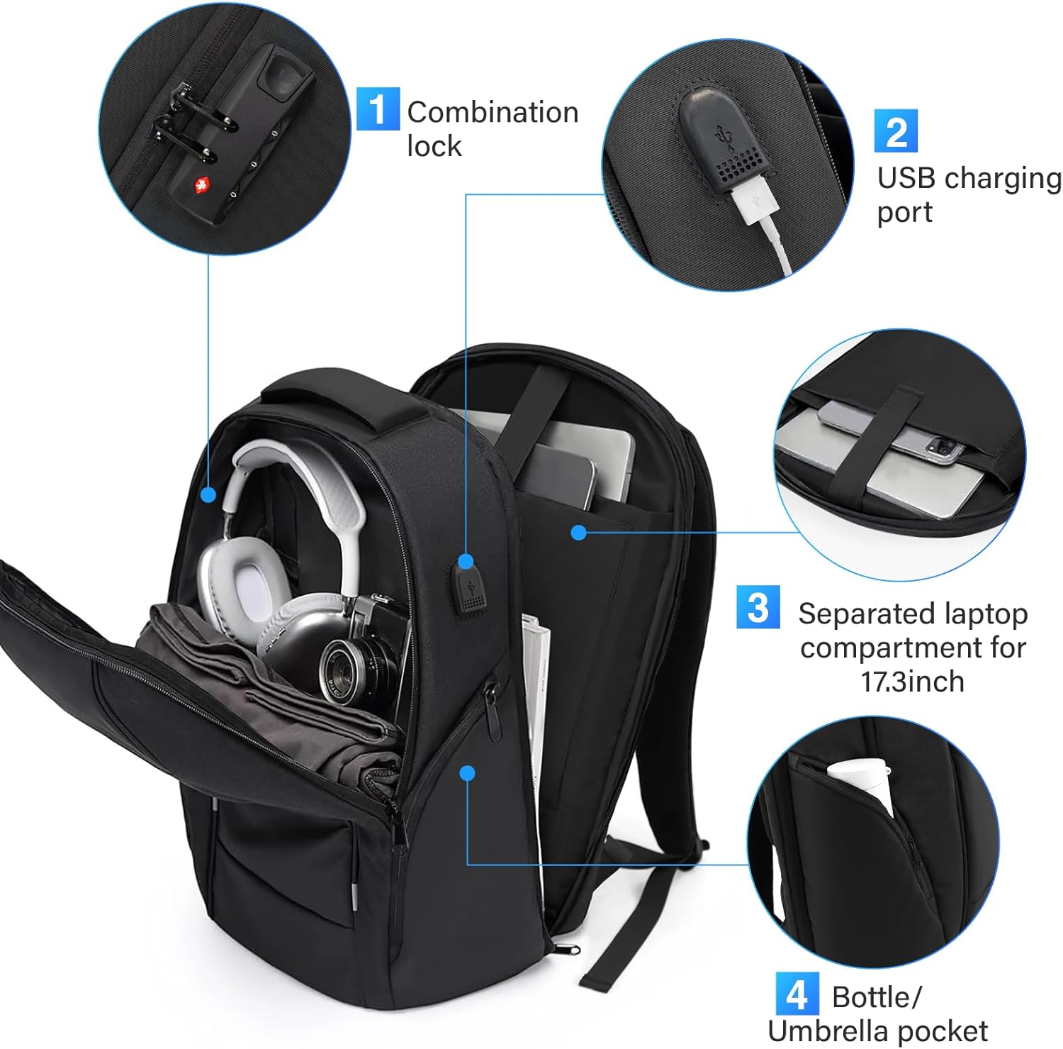 Laptop Backpack for Men,17.3 Inch Professional Backpack for Travel Carry on Flight Approved,Anti Theft Backpack with Lock and USB Charging Port(Black)
