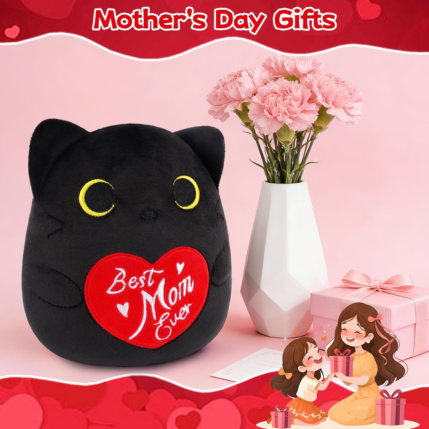 Black Cat Plush,Soft Mother's Day Stuffed Animal with Heart and Best Mom Ever Embroidery, Cute Plush Cat Mom Gifts for Women