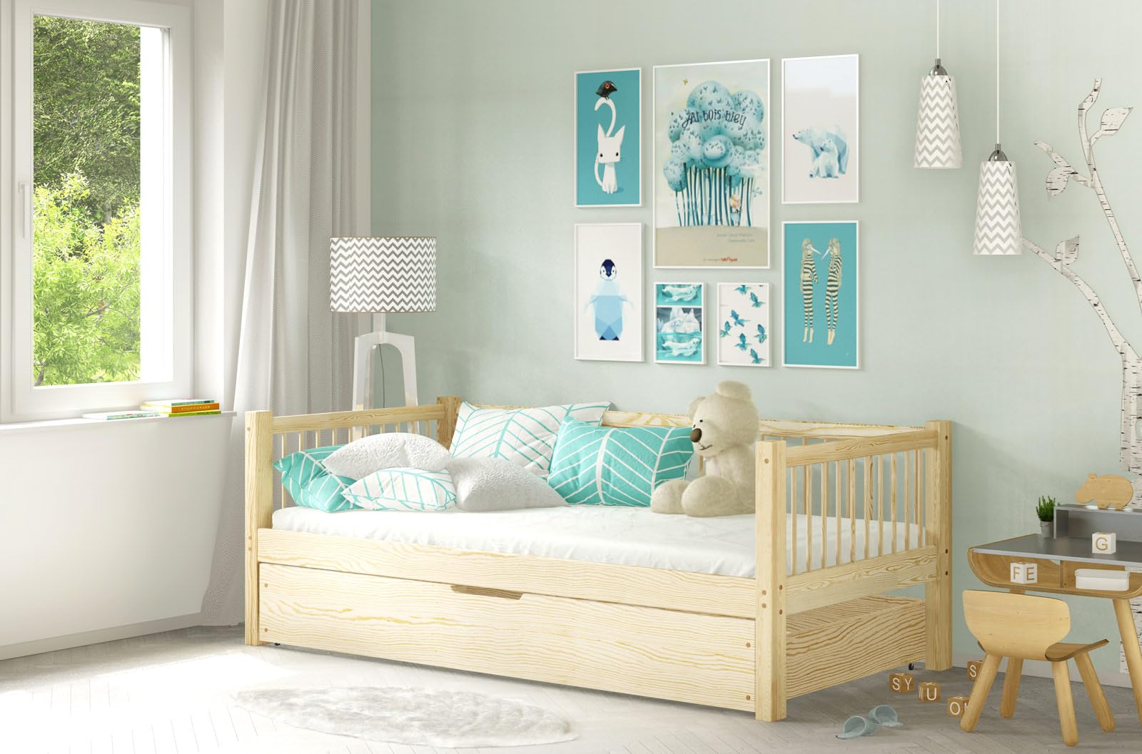 Cama Infantil con Barandilla y Cajón - Cama Infantil Individual con Espacio de Almacenamiento - Estructura de Madera Finamente Lijada - Color Natural - Sin Colchón - 80x160 cm