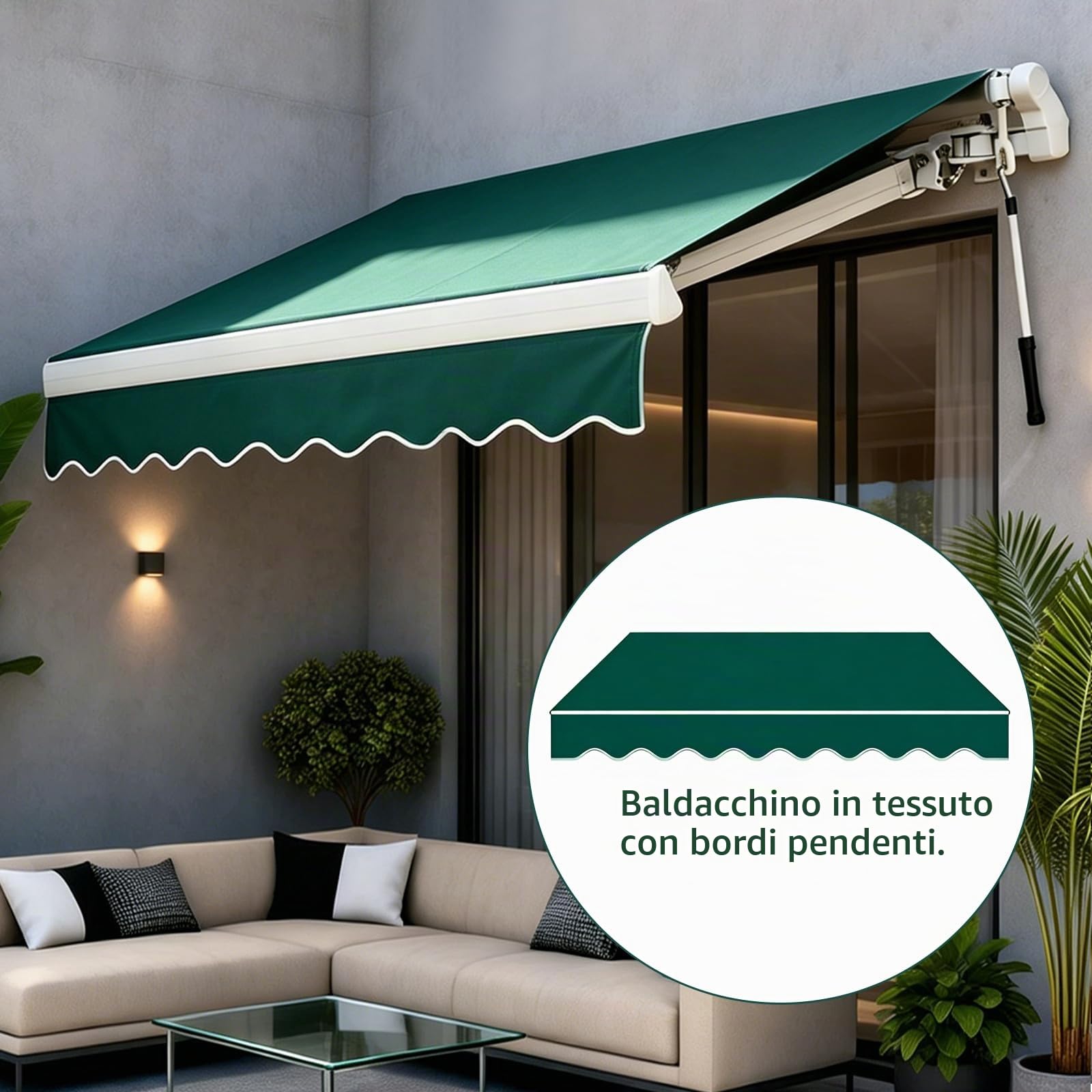 Tessuto per tenda da sole con mantovana, protezione UV, impermeabile, tessuto di ricambio per tenda da sole in tela, per esterni, per giardino, balcone, cortile (verde scuro, 2,5 x 2 m)