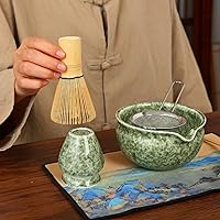 Vista 7 de Juego tradicional de ceremonia de té matcha, kit de 5 piezas con cuenco de cerámica, batidor de bambú, soporte, colador, verde