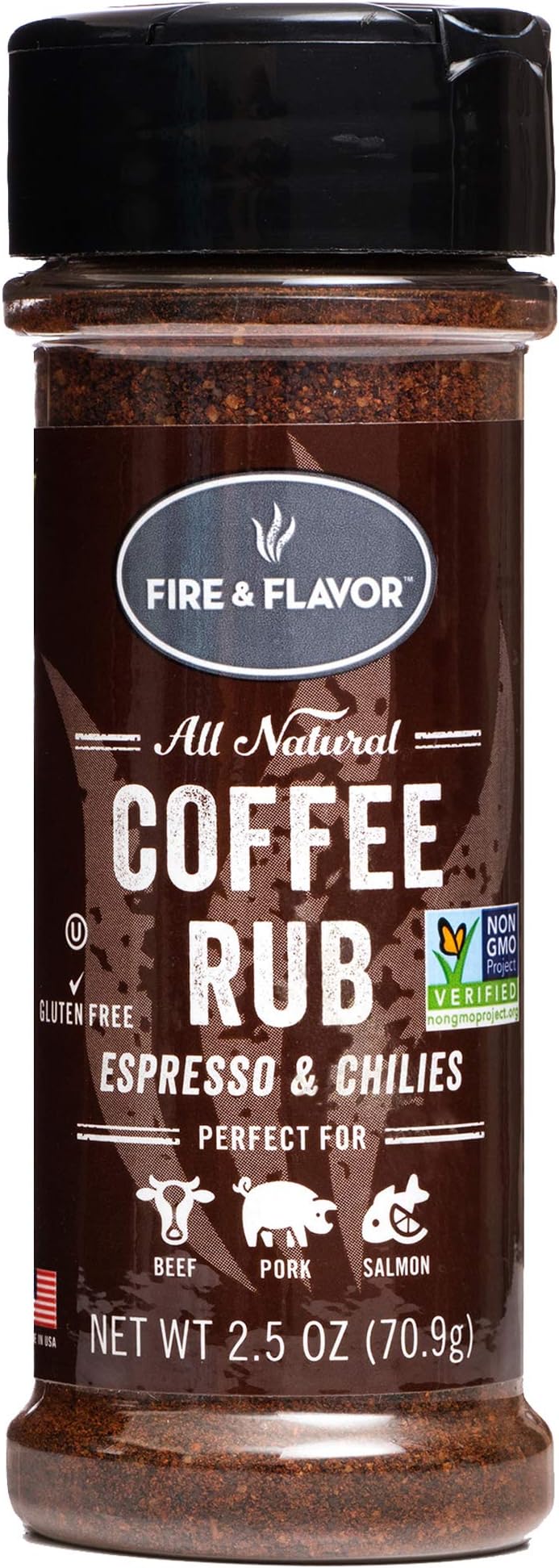Fire & Flavor All Natural Coffee Rub, Fresh-Roasted Coffee, Brown Sugar, Hint of Ancho Chili Pepper, 2.5 Oz