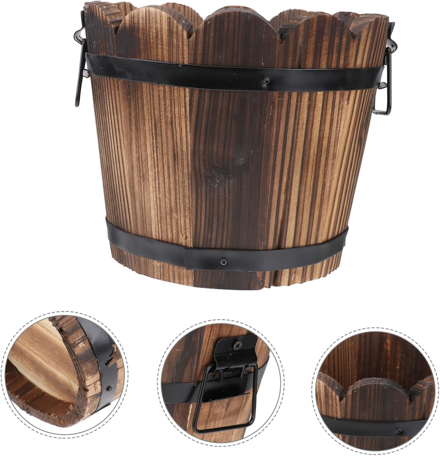 Solid Wood Carbonized Flower Pot for Succulents Retro Wave Mouth Design Large Desktop Decoration Plant Holder for Home and Balcony Brown Wooden Barrel Planter