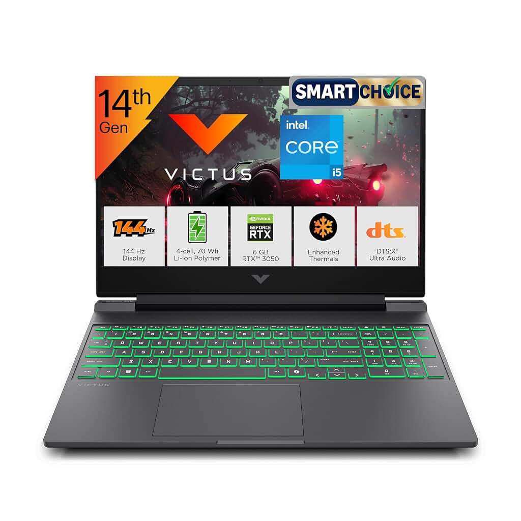 HP Smartchoice Victus, 14th Gen Intel Core i5-14450HX, 6GB RTX 3050, 24GB DDR5(Upgradeable) 512GB SSD, 144Hz, 300 nits, 15.6''/39.6cm, Win11, Office 24, Mica Silver, 2.3kg, fa2303/15tx, Gaming Laptop — image 1 of 7