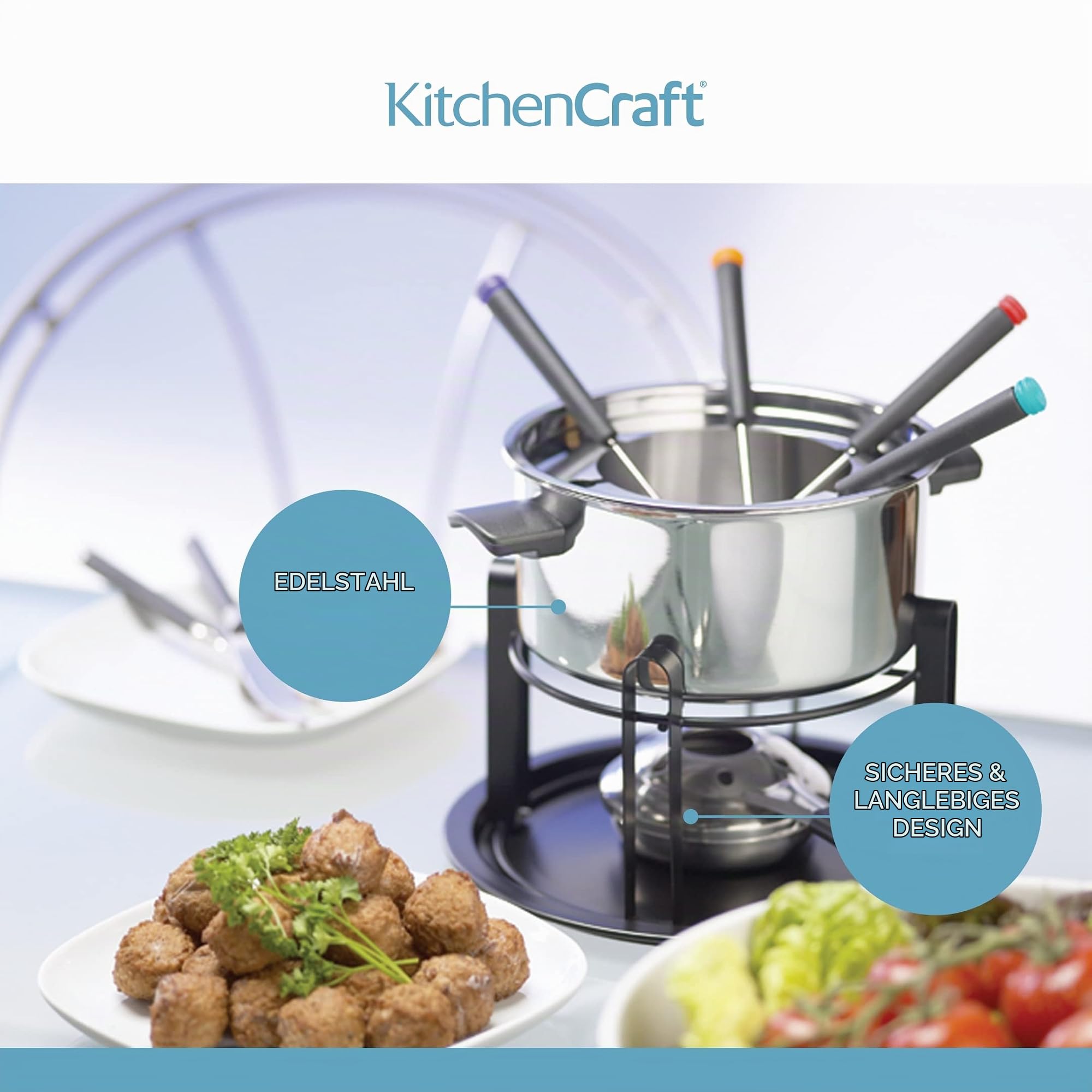 KitchenCraft 3-in-1 Fondue-Set mit farbcodierten Fondue-Gabeln (für Schokoladen-, Fleisch- und Käsefondue), Silber
