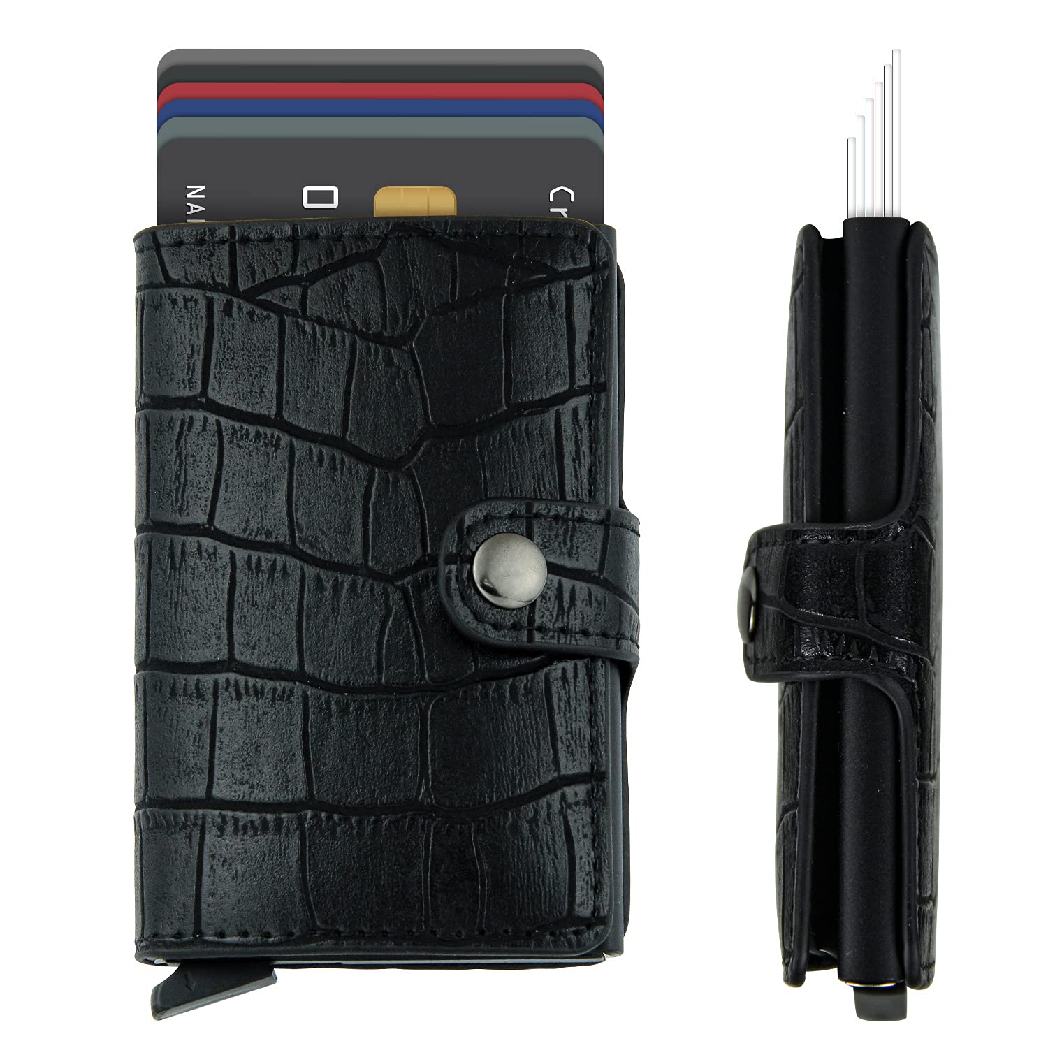 Credit Card Holder RFID Blocking Genuine Leather Vintage Aluminum Business Wallet (B-Black)