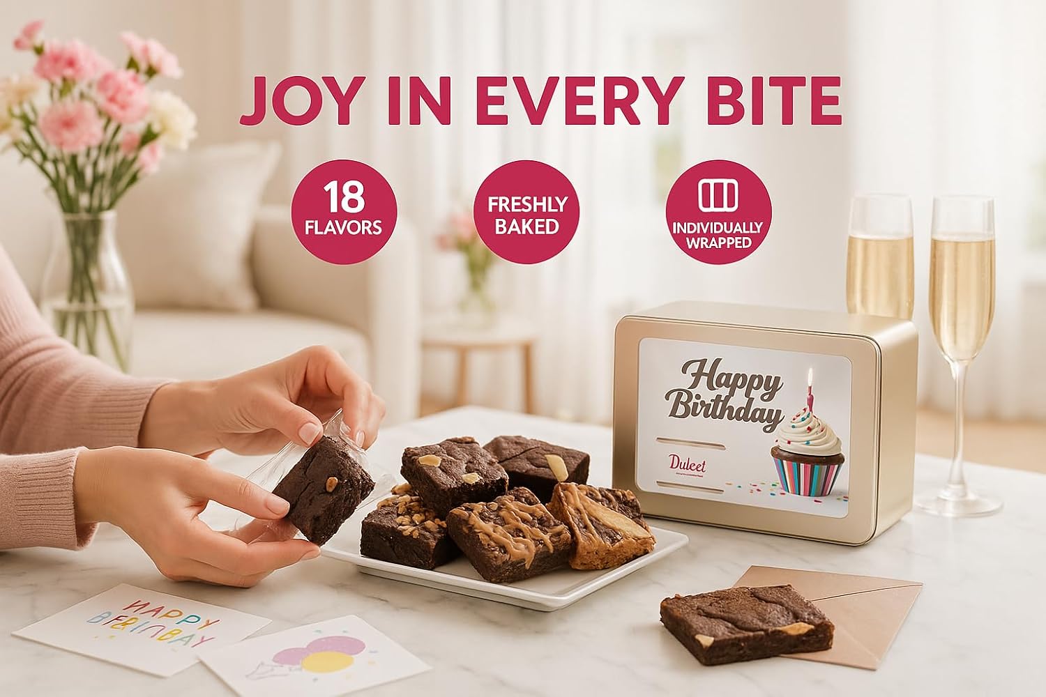 Birthday Gift Basket for Women - 18 Individually Wrapped Brownies Freshly Baked in a Variety of Flavors - Dulcet's Signature Flavored Fudge Brownies - Gift Box Comes with Happy Birthday Card