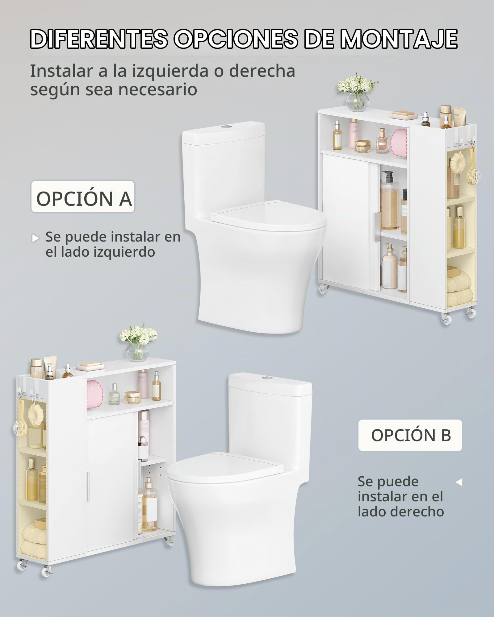 Hzuaneri Mueble de Baño on Ruedas, Estrecho, Mueble Empotrado con Puertas Correderas, Portarrollos, Estantes Ajustables, para Baño, Salón y Cocina, 20 x 70 x 80 cm, Blanco BC66603X