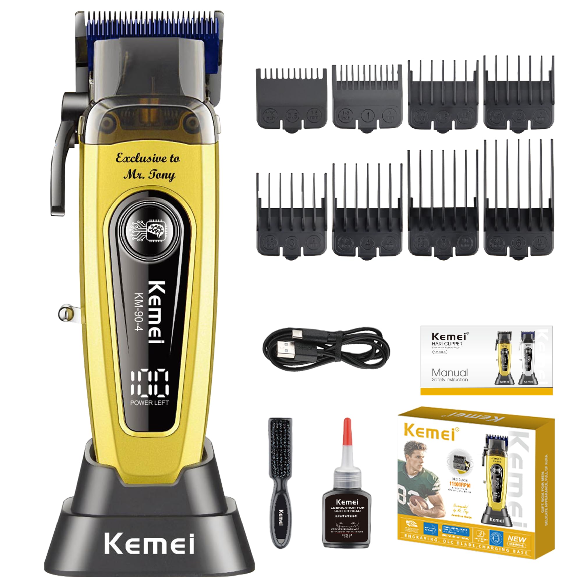 KEMEI KM-90-4 - Tagliacapelli professionale da uomo, kit per tagliare i capelli e la barba, tagliacapelli a lama regolabile con USB ricaricabile, regalo per uomini