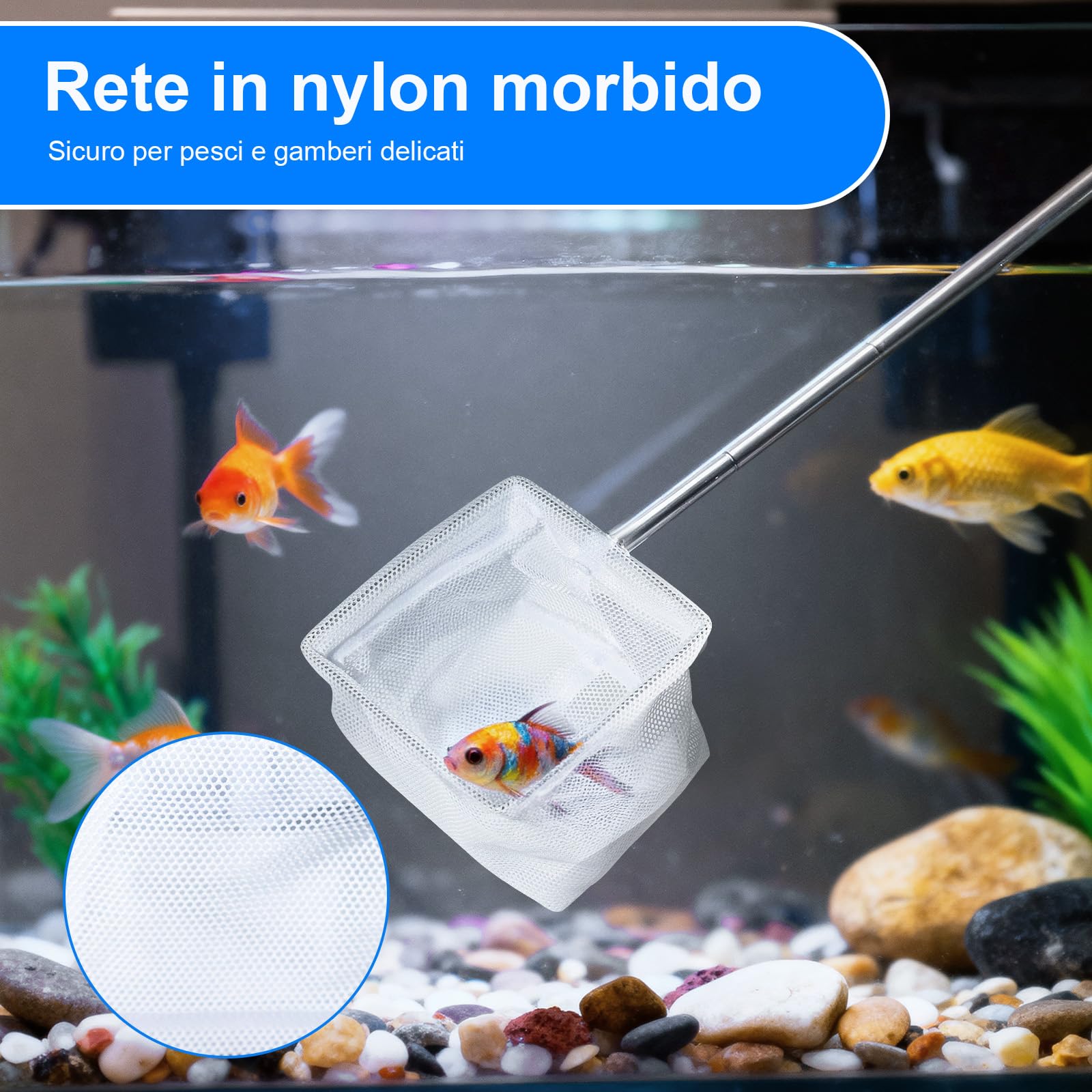 Set di 2 Retini Mini Acquario con Manico in Acciaio Inossidabile – Rete da Pesca a Maglia Fine con Manico Telescopico (13-40 cm) per Acquario, Stagno e Pulizia (8x6,5 cm)