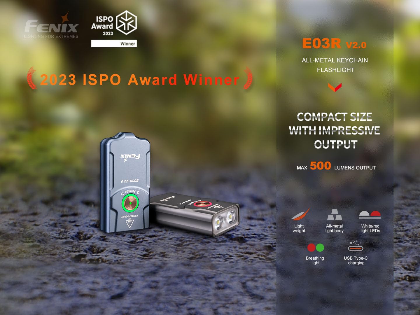 Fenix E03R V2.0 Pieno Metallo Alta Luminosità Portachiavi Torcia Elettrica, Piccola Torcia Elettrica, Luce Rossa, Luce Bianca, Controllo intelligente della Temperatura, Protezione IP66, con Ricarica