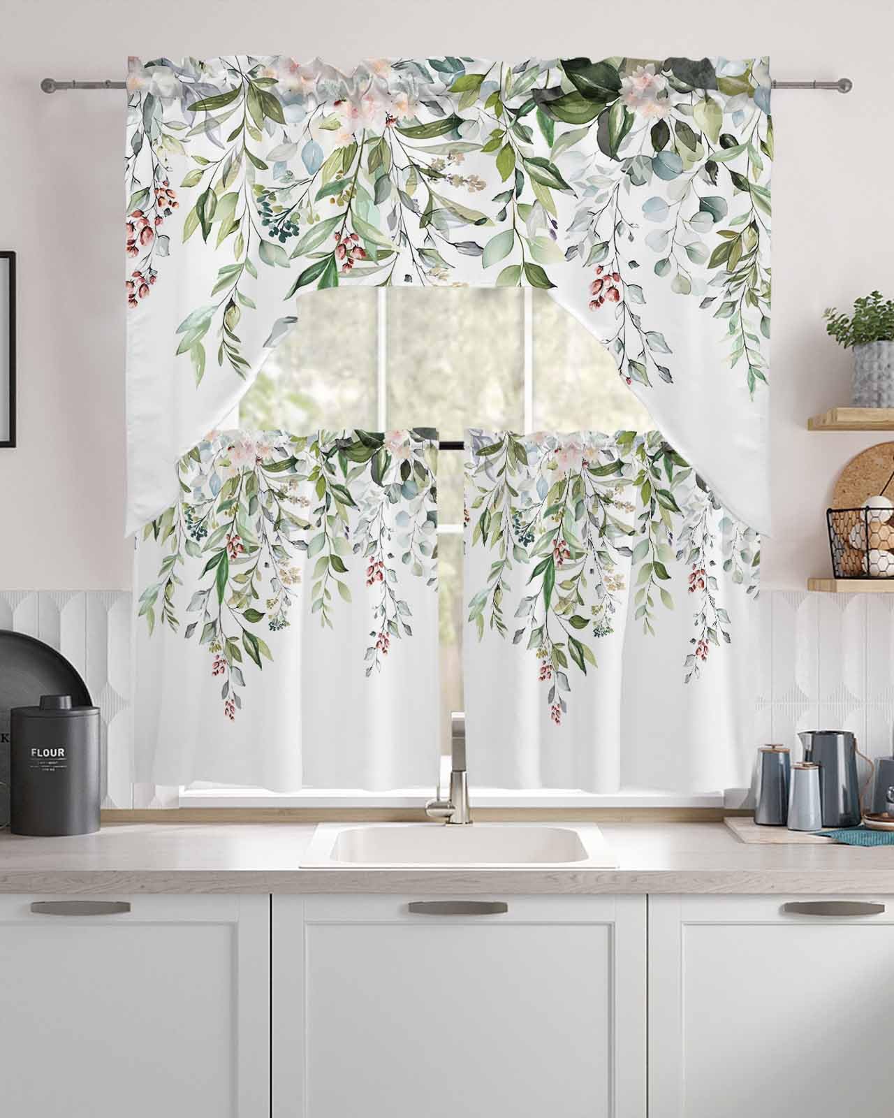 Lot de 3 cantonnières et étages, Motif Floral printanier, Feuilles d'eucalyptus, Rideaux avec Passe-Tringle pour Chambre à Coucher, Salle de Bain, Cuisine, cantonnières et cantonnières de 91,4 cm