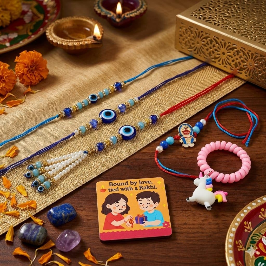 SAUDEEP INDIA Decorative Fridge Magnet for Refrigerator Decor | Family Rakhi Set for Bhaiya Bhaiya Kid | Raksha Bandhan Gift Combo | Cotton Thread Rakhi Festive Home Decor(Evil Eye)