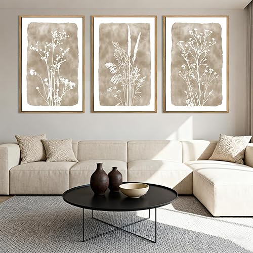Miniatura 5 de ANHUIB Obra de arte beige enmarcada de 16 x 24 pulgadas, arte de pared floral beige grande neutro para decoración de pared, diseño de plantas