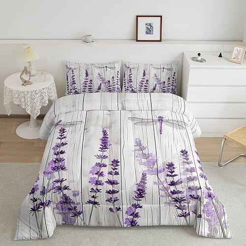 Miniatura 2 de Erosebridal Juego de ropa de cama de libélula para niñas, juego de edredón floral de lavanda para adultos y mujeres, juego de edredón de estilo