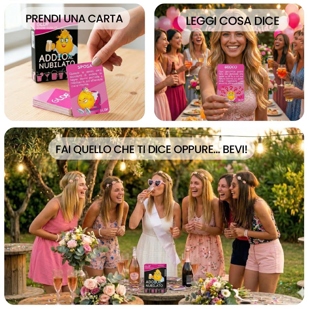 GLOP Addio al Nubilato, Gioco da Tavolo per la Festa della Futura Sposa, Giochi Divertenti Team Bride con Carte e Sfide Creative, Gadget Originale per Un Evento da Ricordare