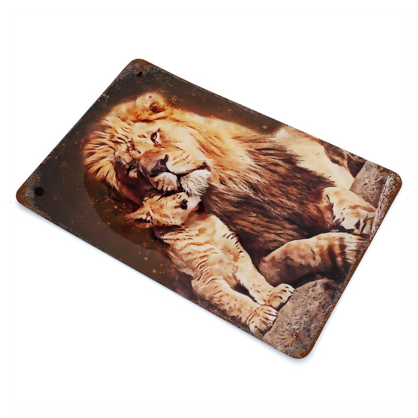 Rustic Tin Plaque Cute Lion 11.8"x7.9", Vintage Wall Decor for Pub, Kitchen And Man Cave Decor