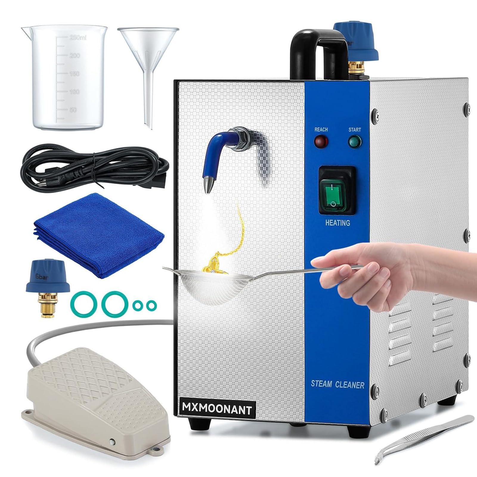 Urządzenie Czyszczenia Biżuterii 1300 W/2200 W. Urządzenie Do Czyszczenia Złota I Srebra Parą Z Pedałem Nożnym, Ostrzeżeniem O Pełnym Poziomie Wody I Zabezpieczeniem Przed Przegrzaniem 2L