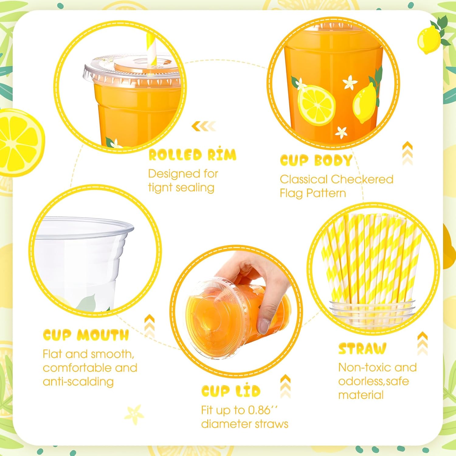 meekoo 50 Sets Lemon Plastic Cups with Lids Straws 12 oz Disposable Clear Yellow Lemon for Juice Water Coffee Summer Sports Party Birthday Baby Shower Supplies