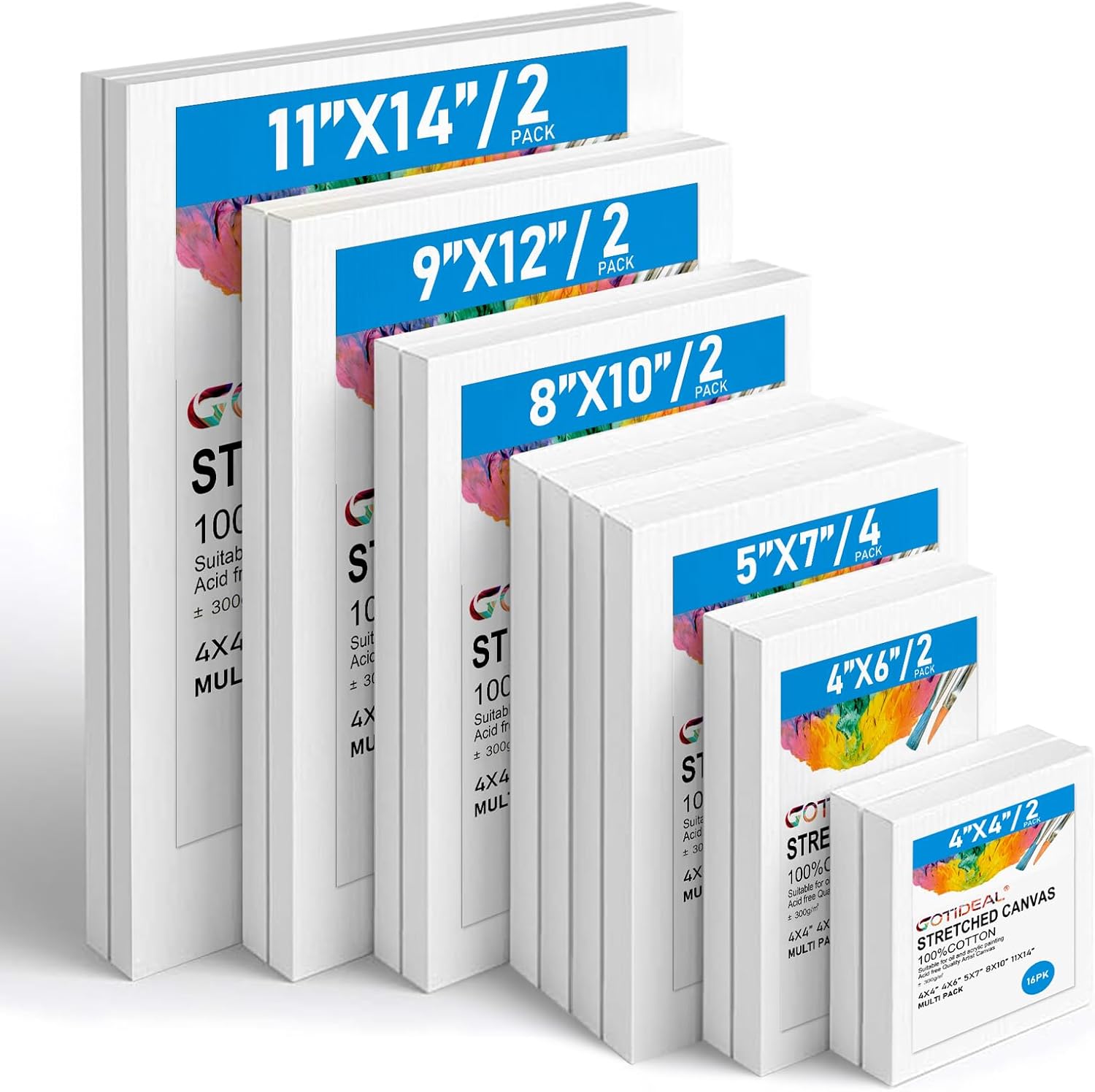 Gotideal Canvas for Painting, 14 Pcs Muti Pack Stretched Painting Canvas, Blank Paint Canvas for Acrylic, Oil, Art Supplies for Artists, Adults 4x4,4x6, 5x7, 8x10,9x12, 11x14 Set of 14 White Multi Size-10 Pcs