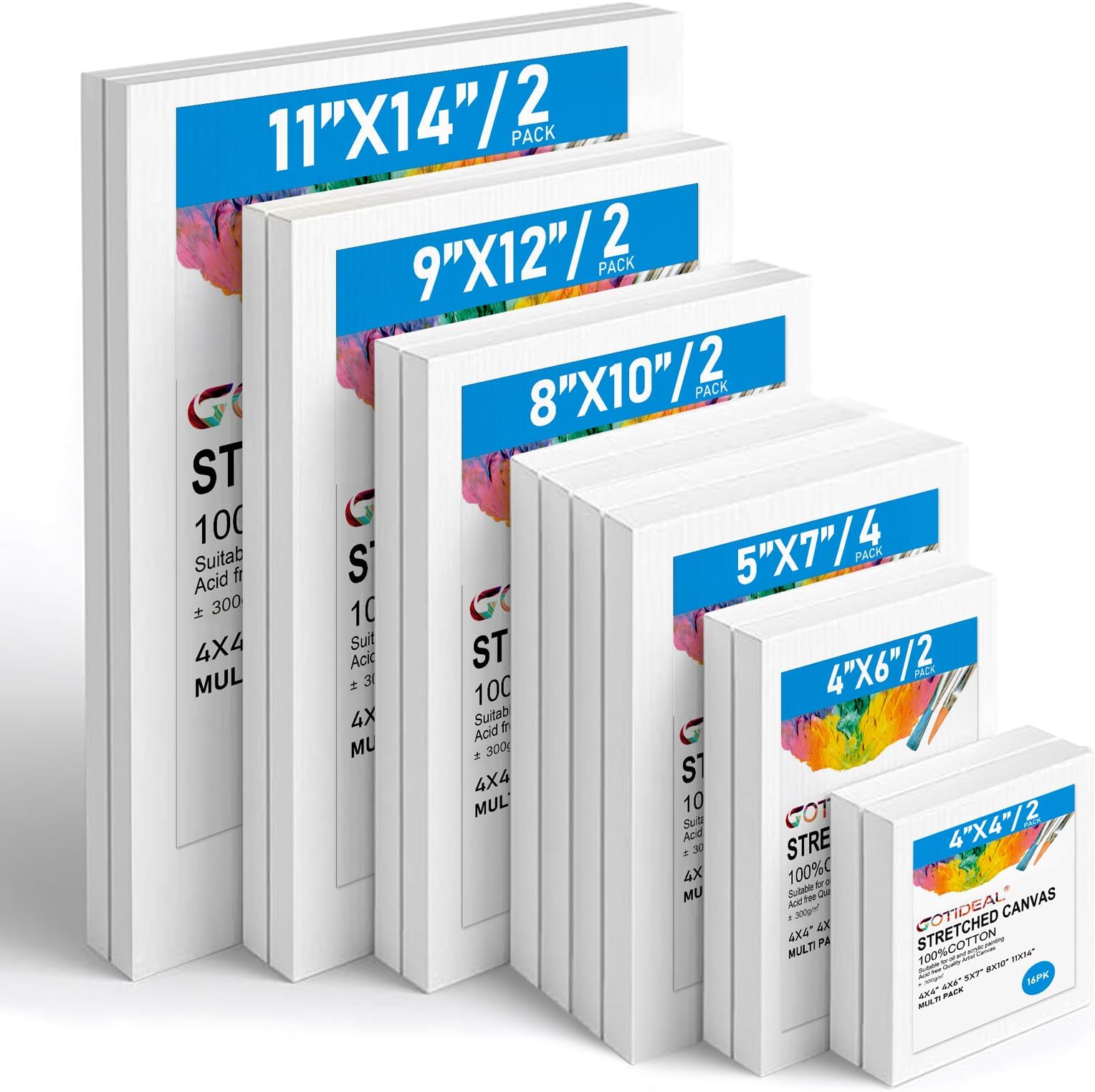 GOTIDEAL Stretched Canvas, Multi Pack 4x4", 5x7", 8x10",9x12", 11x14" Set of 10, Primed White - 100% Cotton Artist Canvas Boards for Painting, Acrylic Pouring, Oil Paint Dry & Wet Art Media