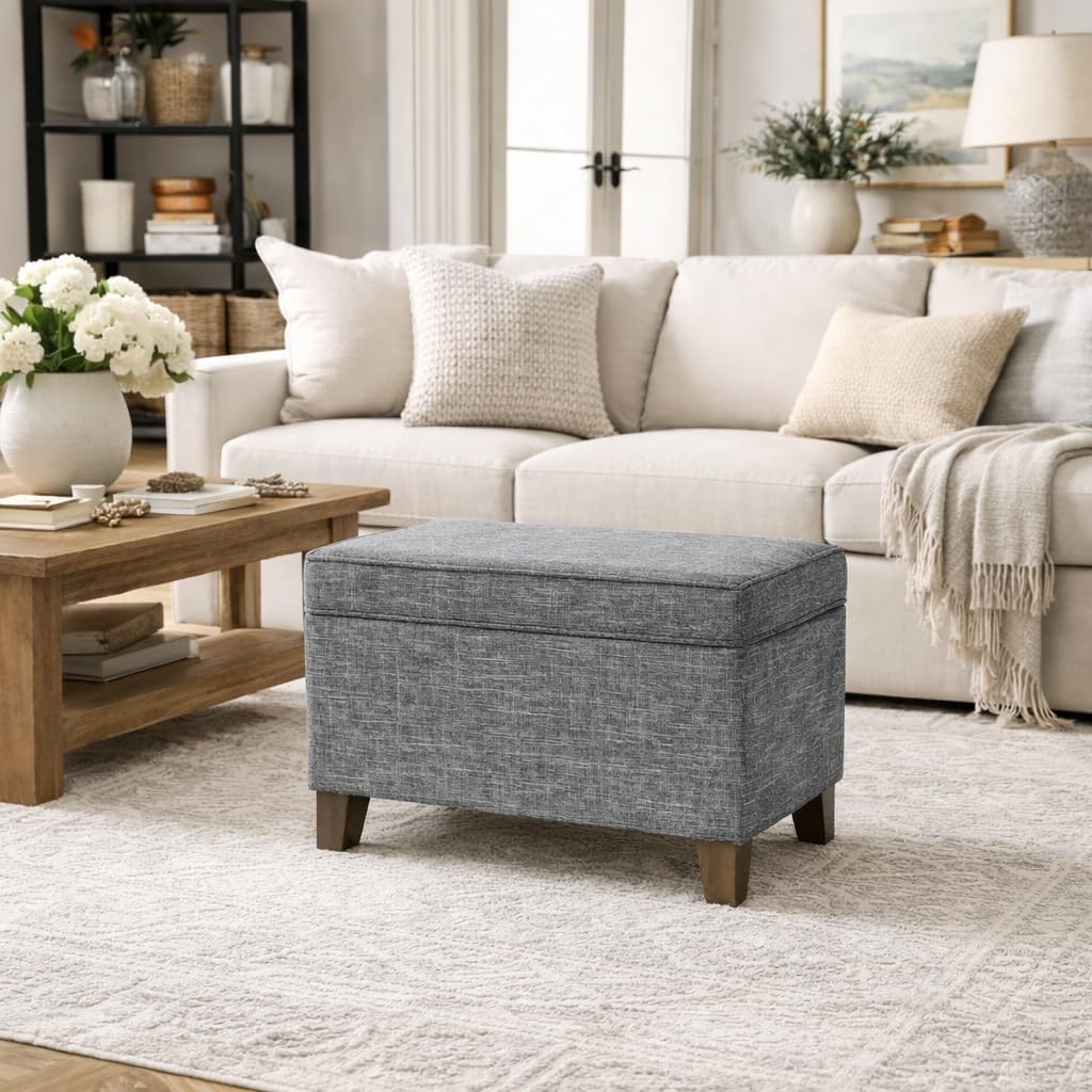 HomePop Home Decor | Medium Square Storage Ottoman with Hinged Lid | Ottoman with Storage for Living Room & Bedroom, Grey