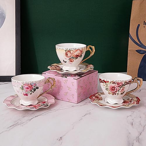Miniatura 3 de fanquare Juego de taza de té y platillo de porcelana amarilla antigua, taza de café Petestal con platillo, cuchara, taza floral de 7 onzas con mango