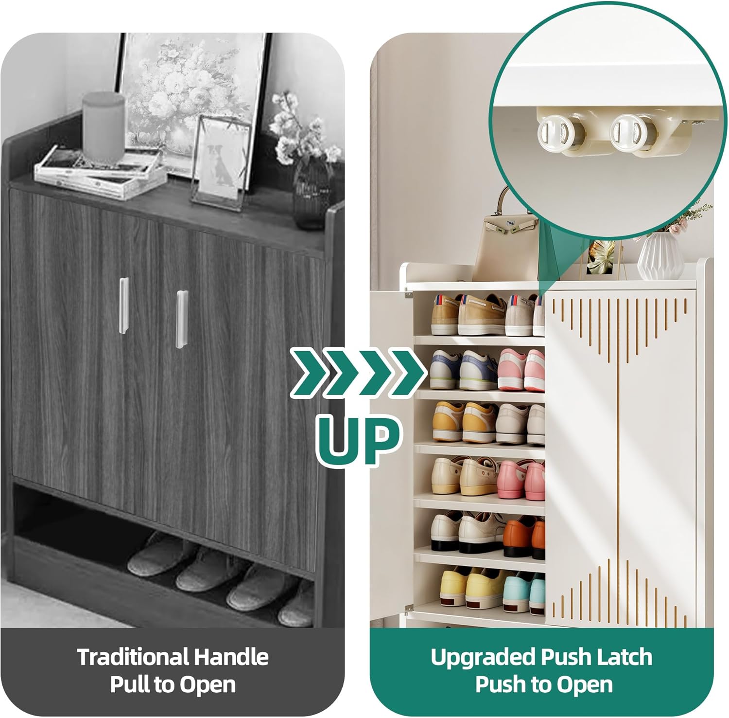 Comparison of traditional pull handle and upgraded push latch door mechanisms