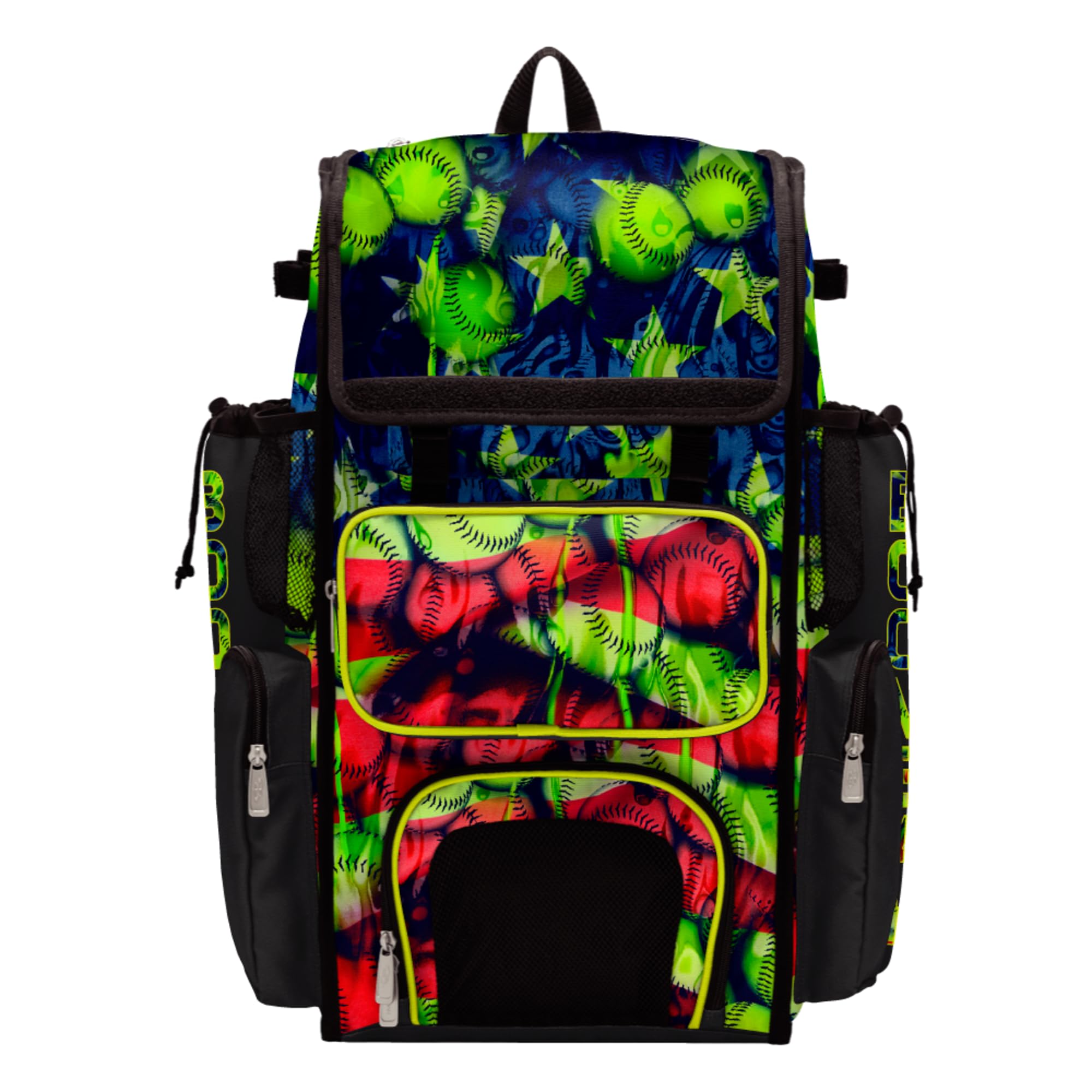 Boombah Superpack Bat Bag - Backpack Version (no wheels) - Holds 4 Bats - USA Softball Ballpark Black/Royal Blue/Red