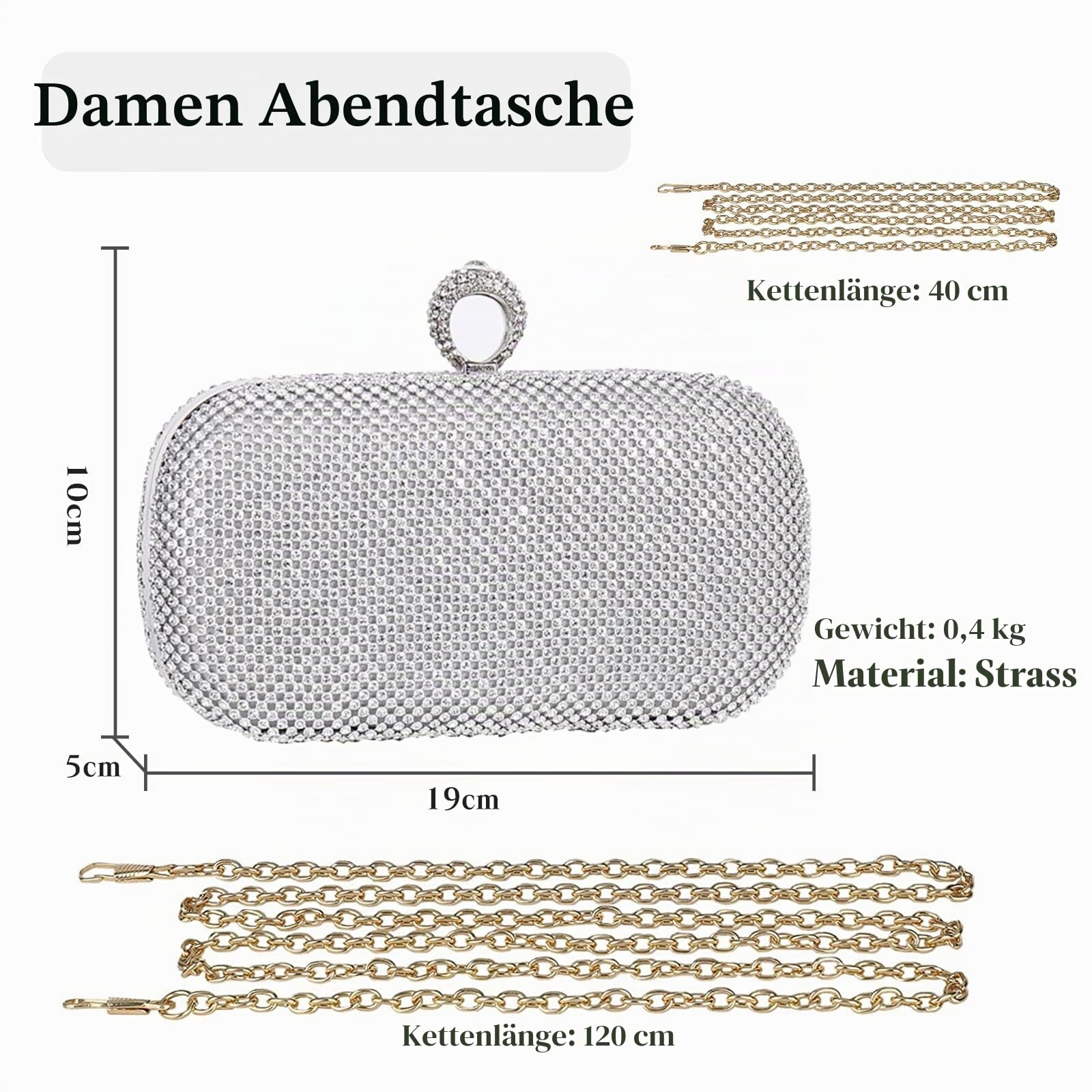 CORIOS Damen Abendtasche Strass Handtasche Damen Glitzer Clutch Strasssteine Schultertasche Braut Handtasche Abnehmbarer Kette Umhängetasche Klein Tasche für Hochzeit Abendparty Tanzparty Silber
