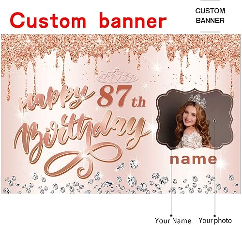 Miniatura 2 de Cartel personalizable de decoración de feliz cumpleaños número 87 de oro rosa, personalizado con nombre y foto