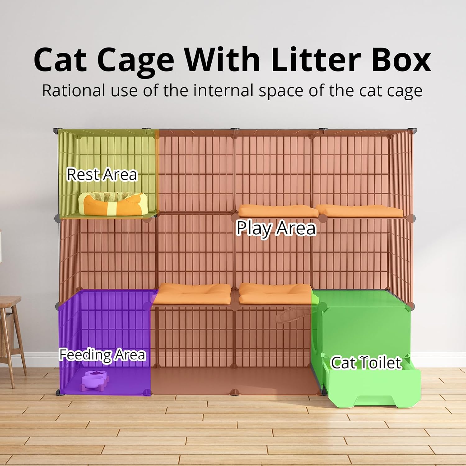 Oneluck Cat Cage Indoor with Litter Box 2-Tier DIY Cat Playpen Detachable Metal Wire Kennel Crate Large Exercise Place Ideal for 1-2 Kitten (55.1" L x 17.8" W x 41.3" H)