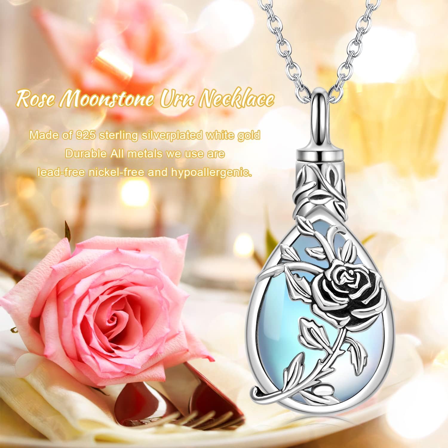 JUSTKIDSTOY Moonstone Urn Necklace for Ashes Sterling Silver Daisy/Rose/Tree Teardrop Pendant Necklace Cremation Jewelry Keepsake Memorial Gifts for Mother Grandma w/Funnel Filler - Image 6