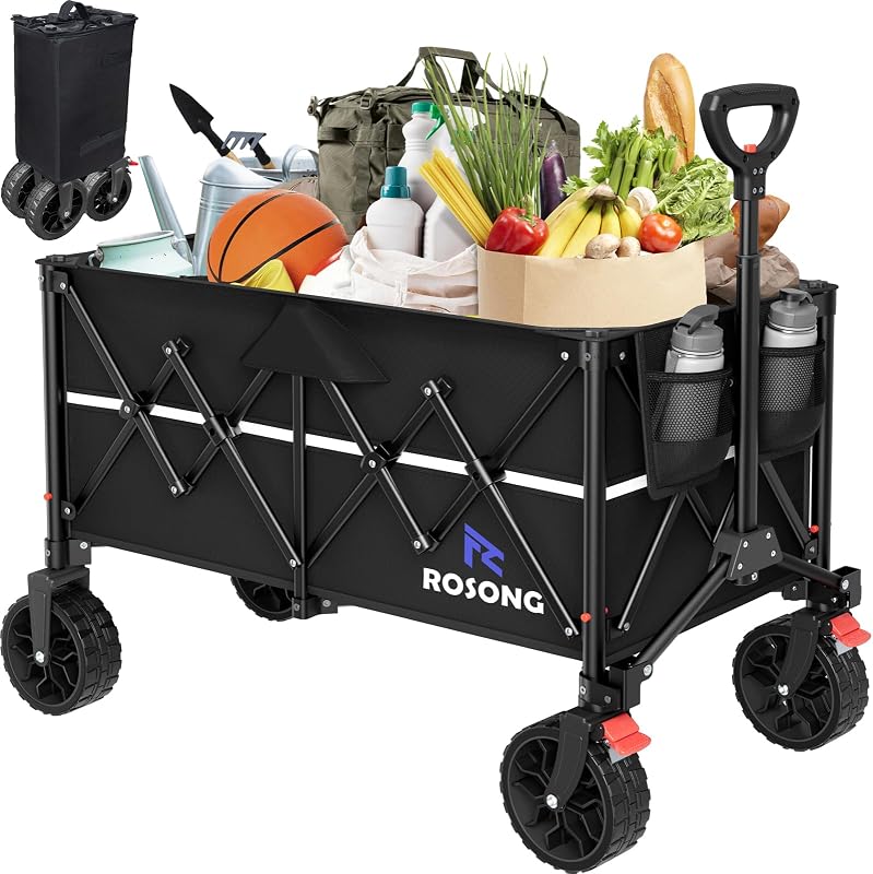 ROSONG Carro plegable con ruedas plegable - Carros plegables utilitarios resistentes para comestibles, deportes, jardín, compras, camping, carretillas (negro, 150 L)