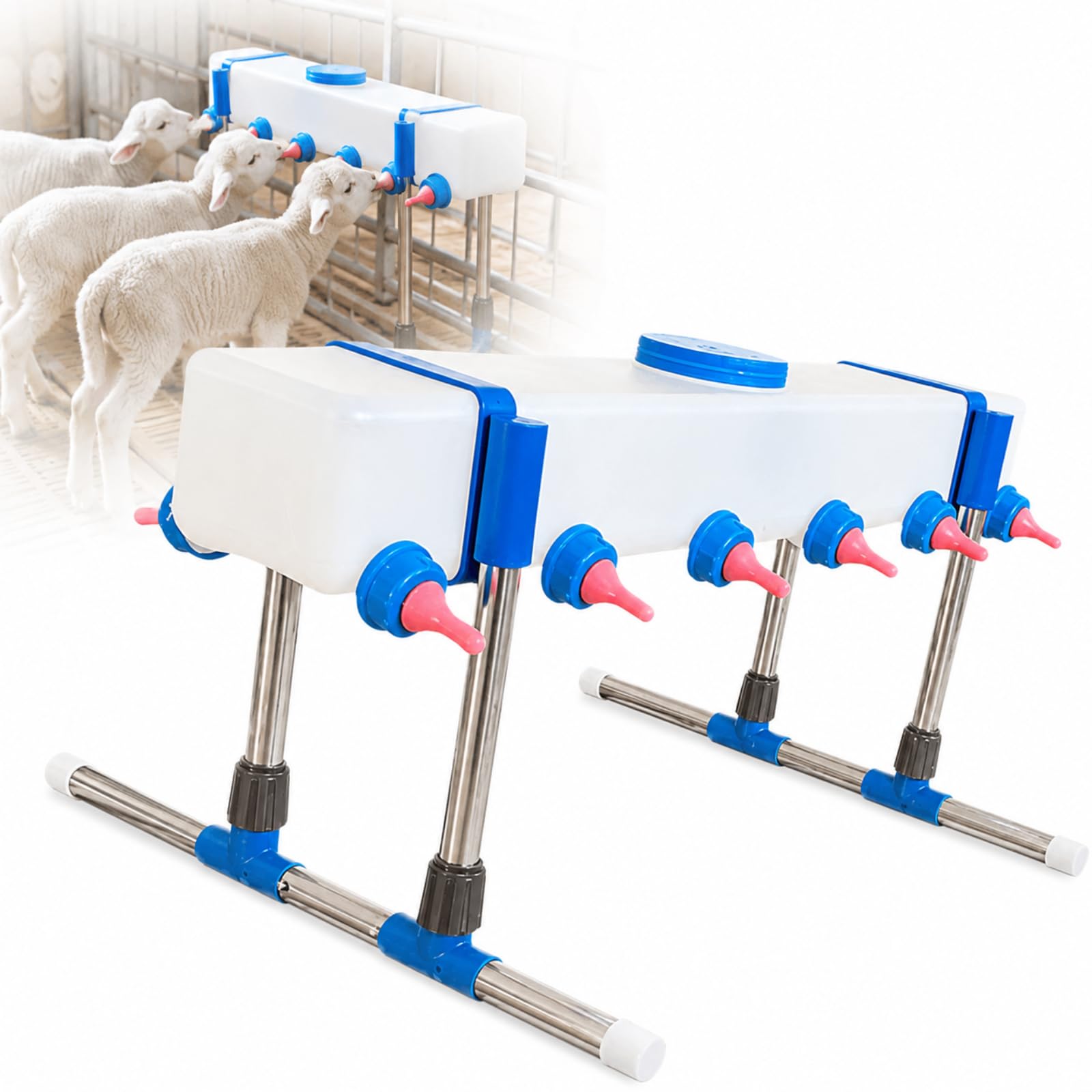 Lamb Drink Feeder Calf Feeding for Nursing, Calf Milk Feeder with 12 Head Holder, Multi Nipple Livestock Milk Feeding Bucket with PP Body and Silicone Nipples for Piglets Goat Kids and Farm Lambs