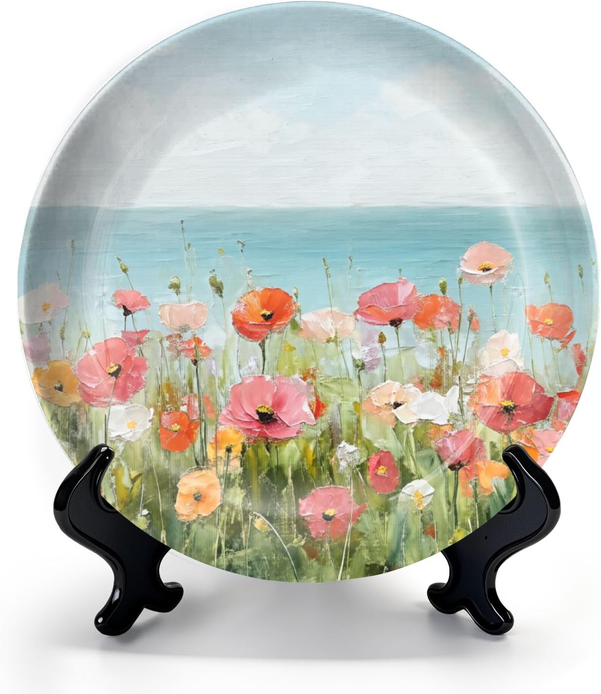 HABEN ARTWORK 8" Ceramic Plates for Display Beach Colorful Flower Spring Bloosom Floral Landscape Wildflowers Ocean Decorative Plate with Stand and Hook for Kitchen Dining Room Wall Hanging Decor