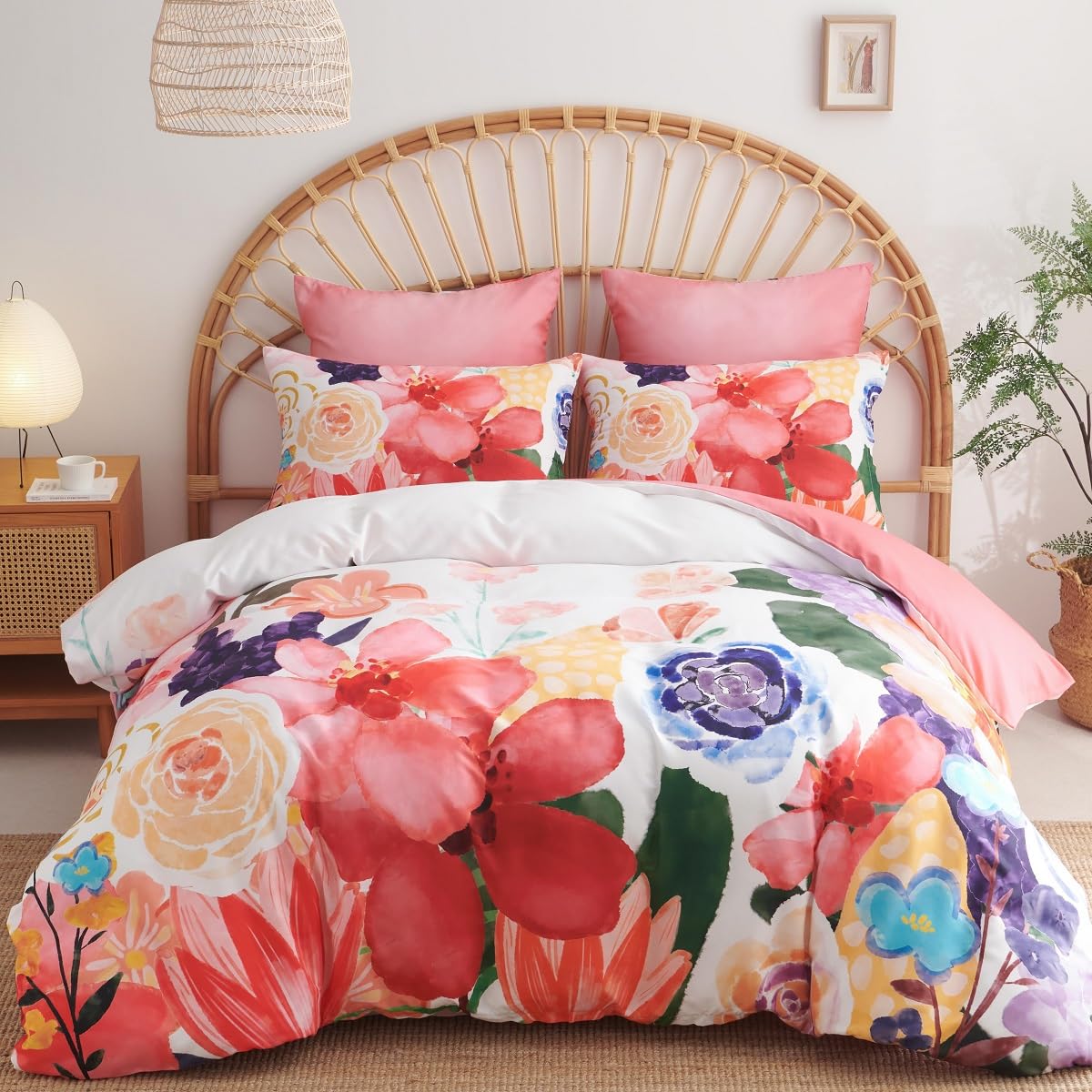 Lanqinglv 2er Set Kissenbezug 40x80 cm Rot Bunt Blumen Wende Kissenbezug Kissenhülle Blumen Vintage Kopfkissenbezug mit Reißverschluss