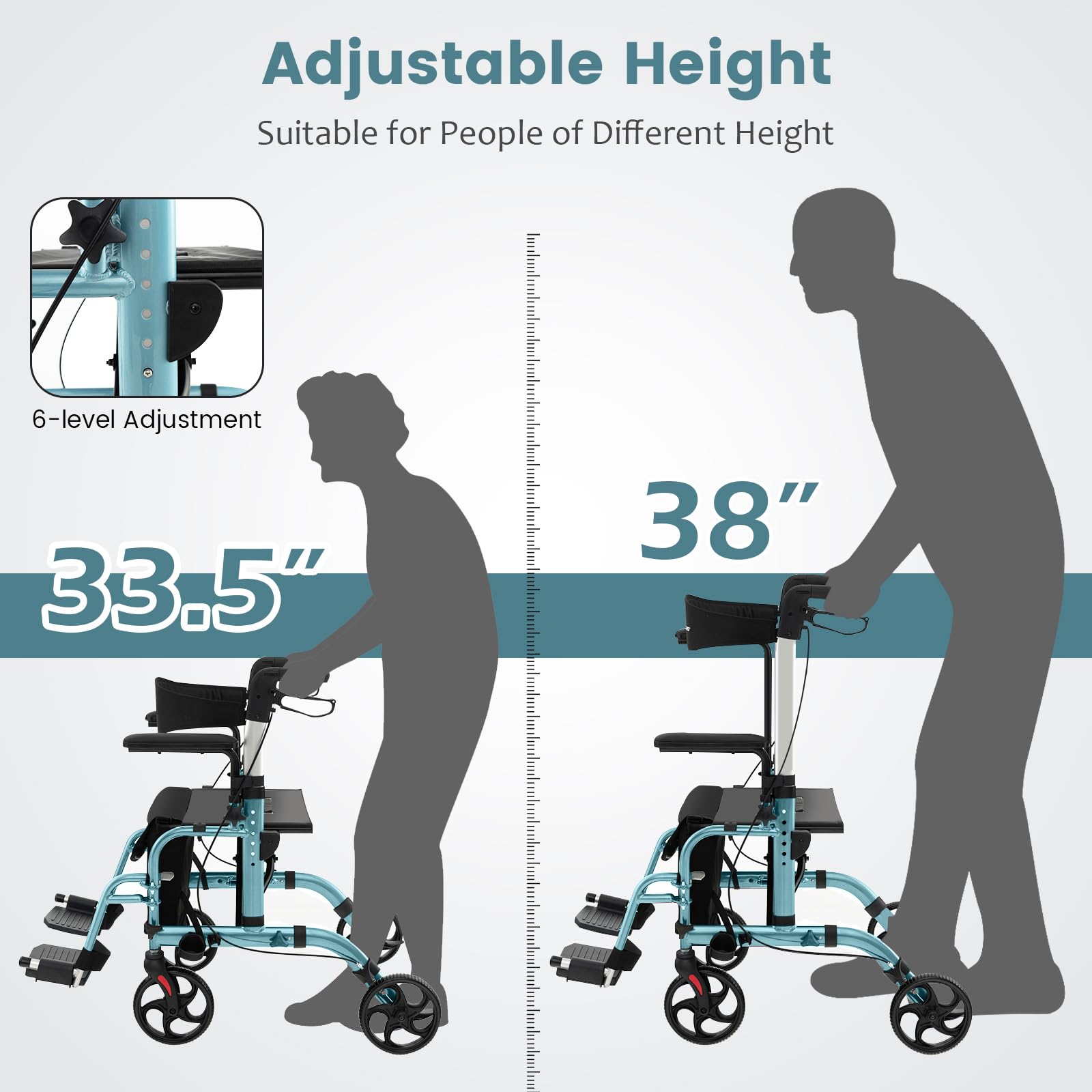 FANTASK Rollator faltbar & leicht, 2 in 1 Rollstuhl & Reiserollator mit Sitz, Gehhilfe mit Tasche & Doppelten Bremsen & Stockhalter, Gehwagen 6-fach Höhenverstellbar für Senioren (Blau)